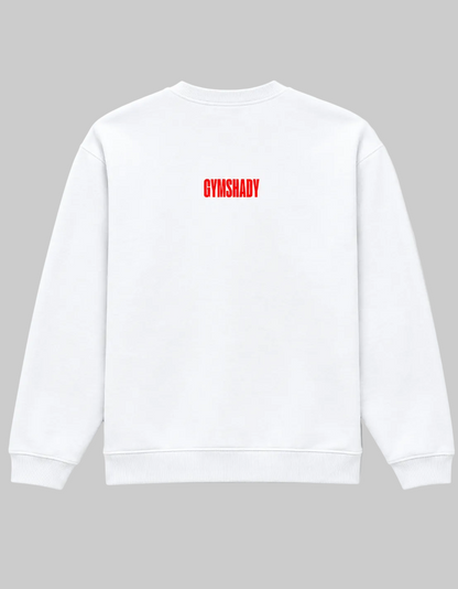 A white crewneck sweatshirt shown from the back, featuring the word 'GYMSHADY' printed in red across the upper back.